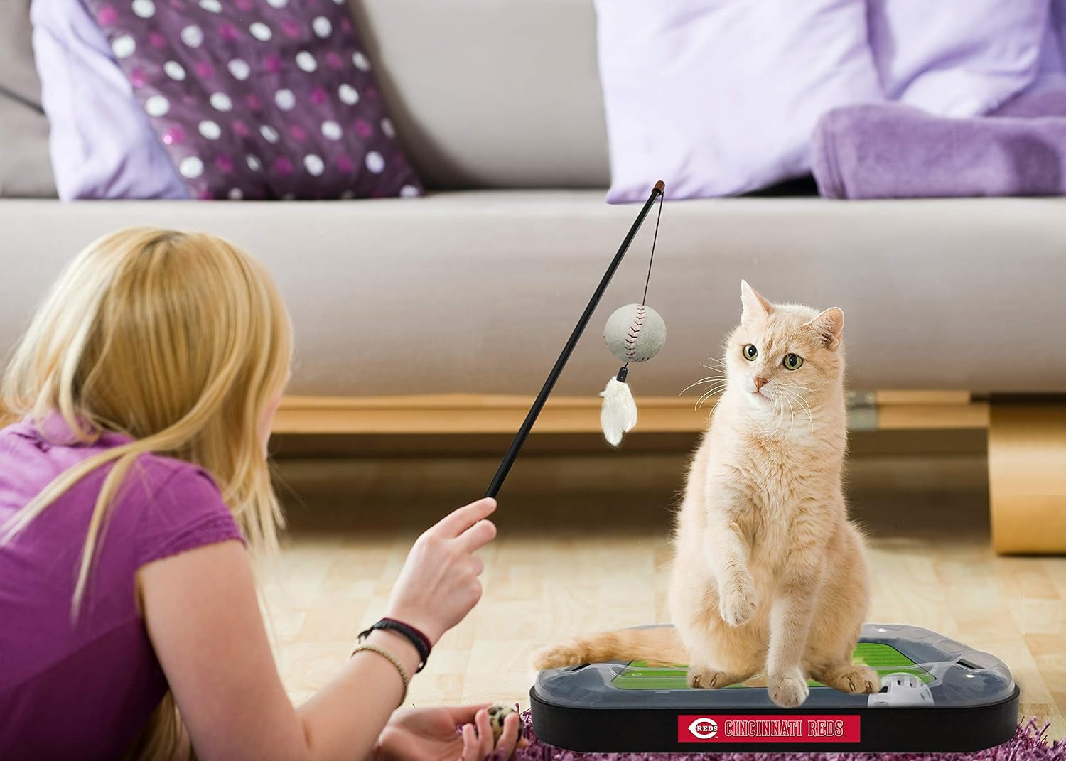 Cat Scratching Toy MLB Cincinnati Reds Baseball Field Cat Scratcher Toy with Interactive Cat Ball Bell in Tracks. 5-In-1 CAT Toy: Cat Wand Poll with Catnip Filled Plush Baseball & Feathers.