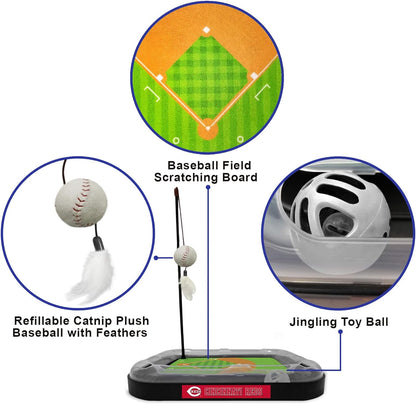 Cat Scratching Toy MLB Cincinnati Reds Baseball Field Cat Scratcher Toy with Interactive Cat Ball Bell in Tracks. 5-In-1 CAT Toy: Cat Wand Poll with Catnip Filled Plush Baseball & Feathers.